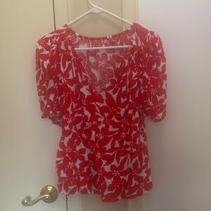 LOFT Red and White Floral Peasant Top